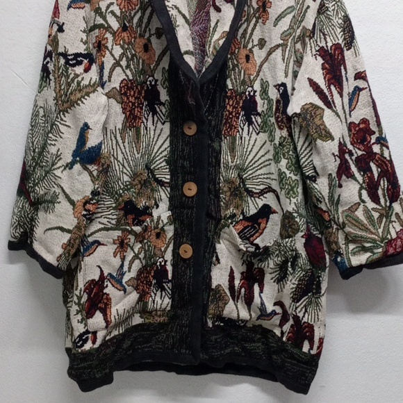 Vintage 80s-90s It’s In The Bag Unge-Potch-Ket Tapestry Bird/Floral Cardigan - Picture 2 of 7